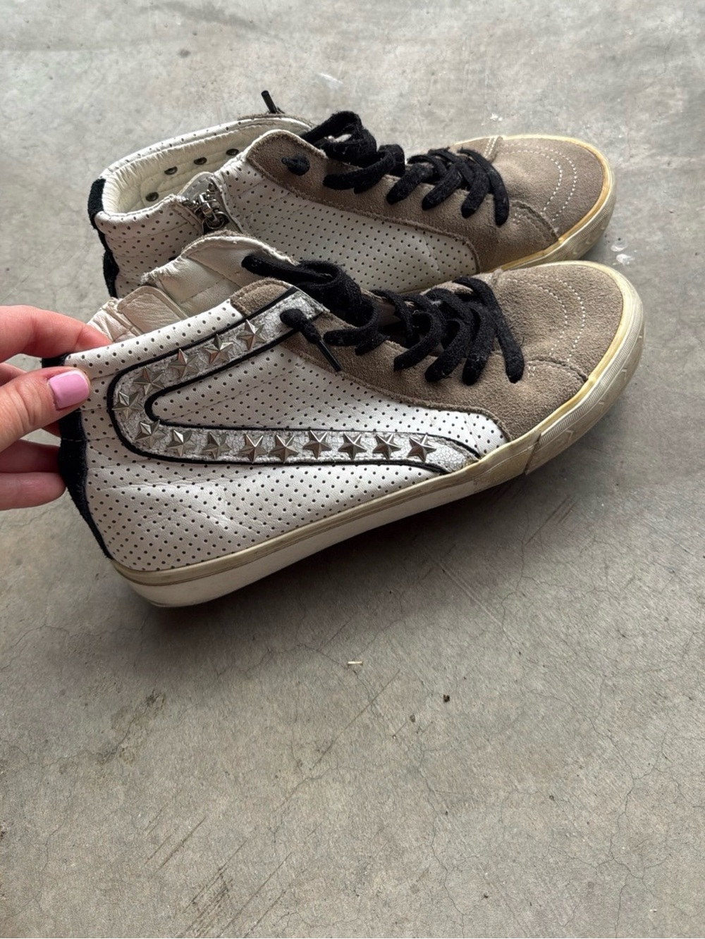 Vintage Havana High-Top Sneakers in White and Taupe with Black Laces
